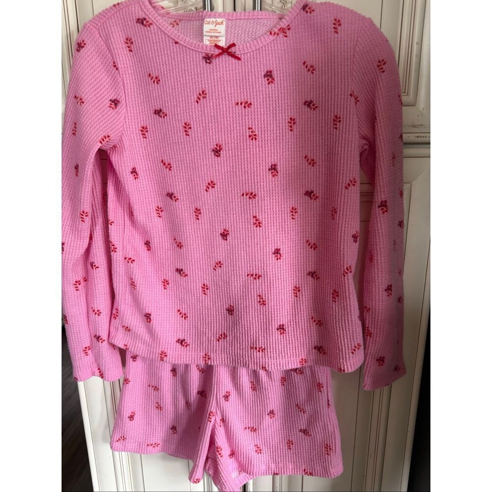 Cat & Jack Girls Waffle Knit Long Sleeve and Short Pajama Set 2 Piece Pink XL